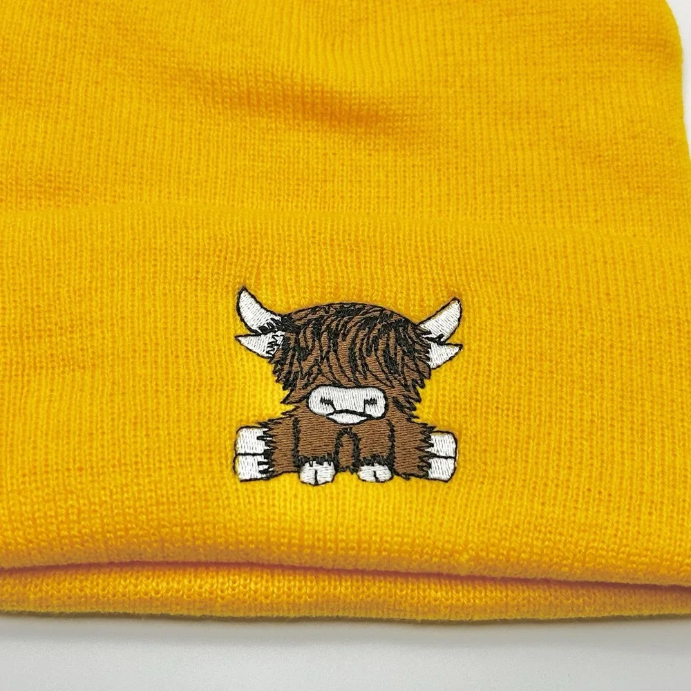 Highland Cow Cattle Cartoon Animal Beanie Hat Cap Knit Cuff Yellow Outdoors
